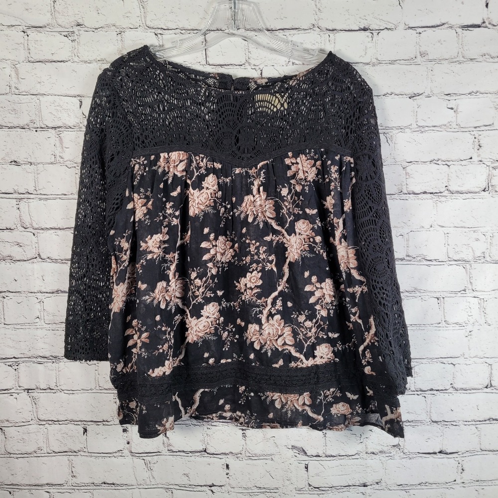 Denim & Supply Ralph Lauren Blouse Womens L Black‎ Excellent Floral Crochet Lace
